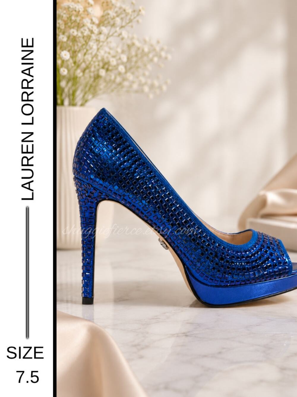 ✨ MSRP $109 | Lauren Lorraine Candie Navy Rhinestone Peep Toe Pumps | Size 7.5 ✨